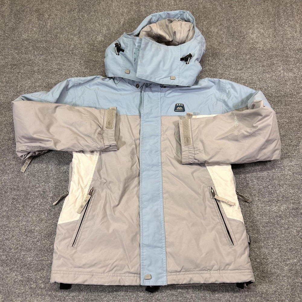 Vintage 686 Jacket Womens Small Gray Blue Hooded Insulated Ski Snowboard Winter